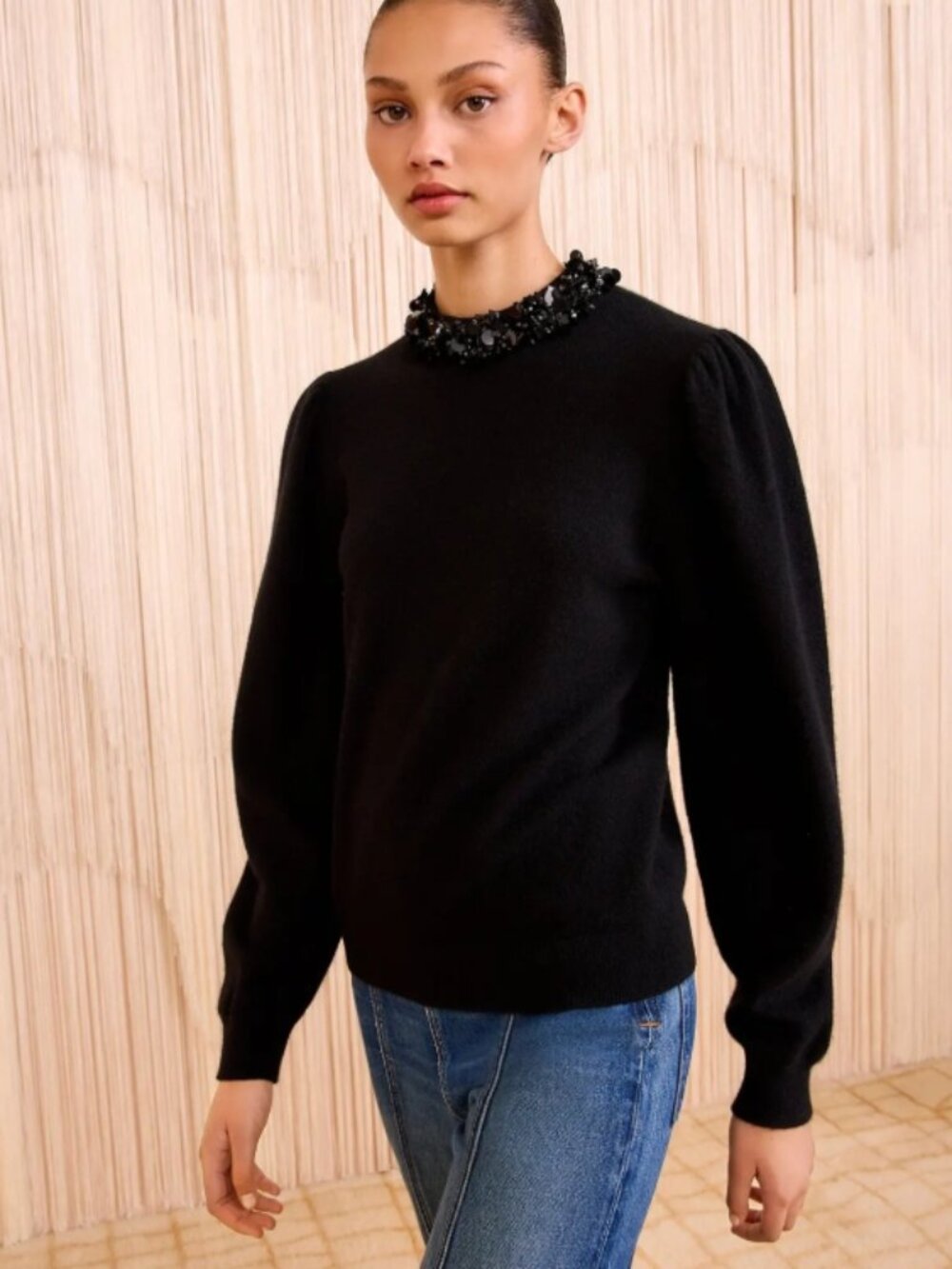 NWOT ULLA JOHNSON Kalani Embroidered Cashmere Pullover in Noir P $790